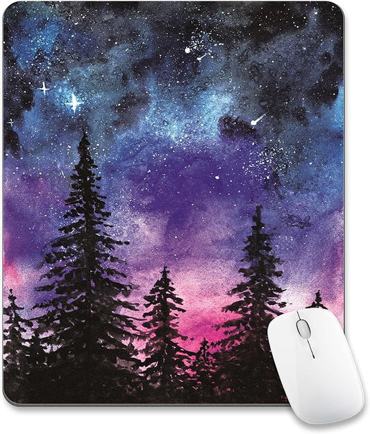 Forest Tree Mouse Pad Cute, Purple Starry Sky Night Vintage Watercolor Mountain Plant Mousepad Vertical Aesthetic Nature Scenery Office Small Desk Pad Non-Slip Mouse Mat Washable Desk Decor Accessory