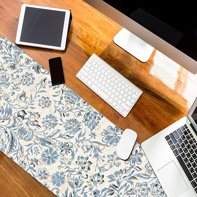 Blue Boho Mouse Pad Abstract Flroal Desk Mat, Spring Summer Mouse Pad for Desk Large, Blue and Beige Desktop Mats Aesthetic Computers Pads Flroal Decor for Desk Office Dorm Women 31.5x11.8