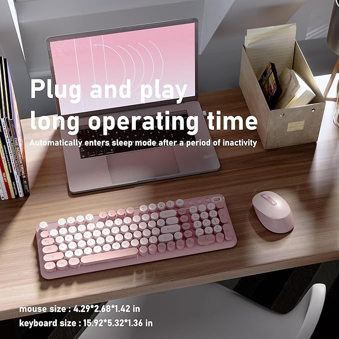 Wireless Keyboard and Mouse Combo, Full-Size 2.4G Set with Number Pad, Long Battery Life, Plug Play for Office and Student Use (Pink)