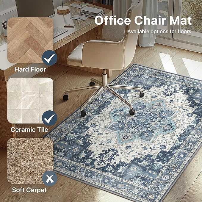 36"x48" Office Chair Mat for Hardwood Tile Floor, Under Desk Carpet Protector for Rolling Computer Chair Mat, Machine Washable Area Rug, Anti-Slip 1/5" Thick Low Pile Thin Vinyl Floor Mat, Navy
