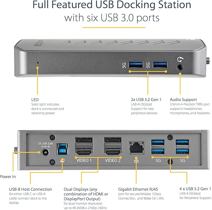 StarTech.com USB-C USB-A Dock - Hybrid Universal USB 3.0 Docking Station for USB-C or USB-A Laptop - Dual Monitor 4K 60Hz HDMI/DisplayPort - 6x USB-A, GbE - USB 3.1/3.2 Gen 1 - Windows/Mac (DK30A2DHU)