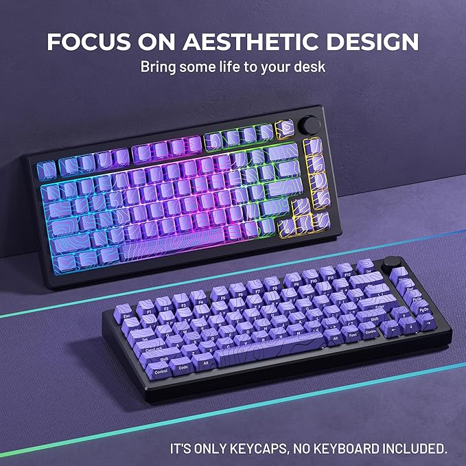 HITIME XVX Shine Through Keycaps w/IMD Tech, Custom Topographic Keycaps 60 75 100 Percent, Purple Key Cap Set 118 Keys Lines Backlit, OEM Profile Side Printed for Keyboards