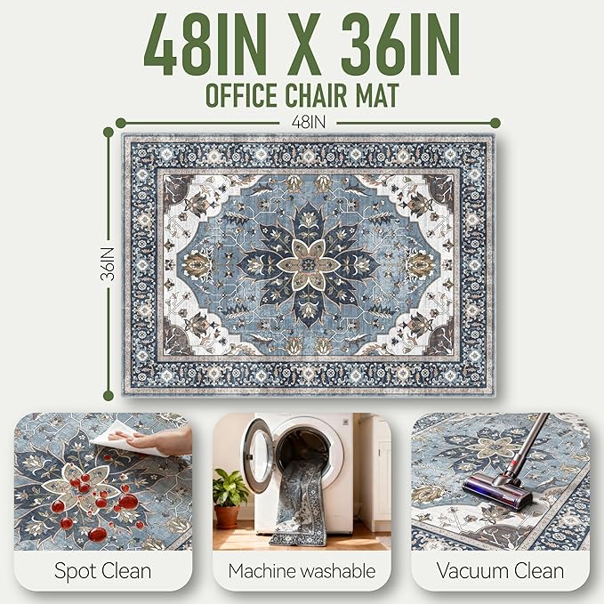 36"x48" Office Chair Mat for Hardwood, Under Desk Chair Mat for Home Office, Anti-Slip Office Rugs for Rolling Chairs, Floor Protector Washable Rugs Blue