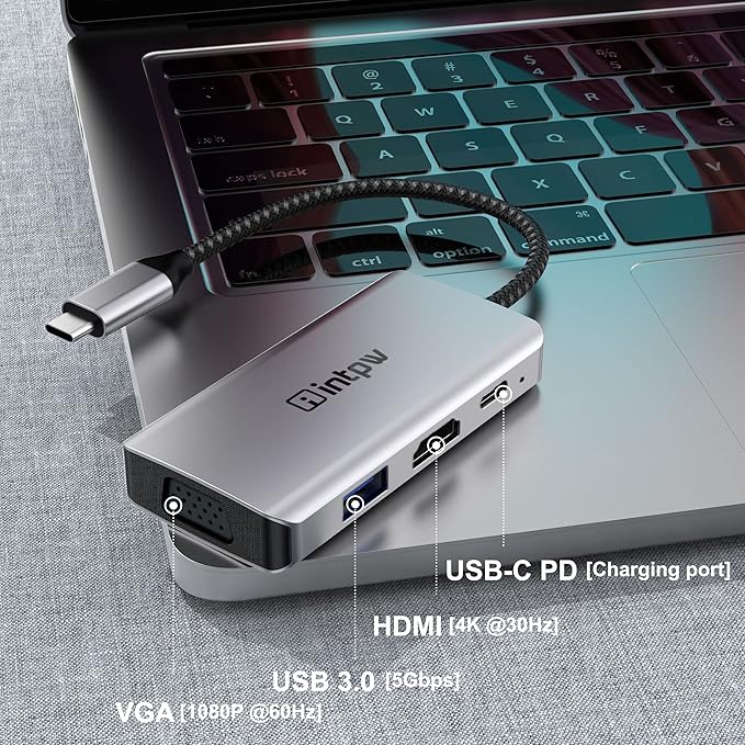 USB C Hub, 4 in 1 VGA to HDMI Adapter with PD 100W, 4K HDMI, Type-A 3.0 5Gbps, 1080P VGA, Alumimun USB Hub for Laptop, MacBook Pro/MacBook Air/ipad Pro/Dell XPS