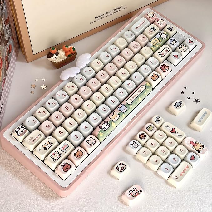 COOMICKE 114 Keys Pink Keycaps - Dye-Sublimation PBT Custom Keycap Set for MOA Profile, Cute Anime Customized Pattern Keycaps for MX Switches Mechanical Gaming Keyboard