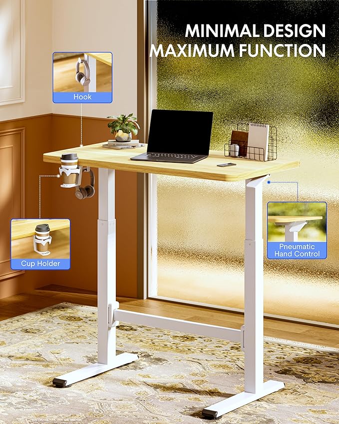 FLEXISPOT H7 Plus Gas Spring Adjustable Standing Desk, Mobile Rolling Sit-Stand Workstation with Wheel, Cordless Stand Up Desk for Small Room & Home Office 40" One-Piece Desktop Maple,height 27.6"–45"