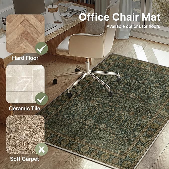 36"x48" Office Chair Mat for Hardwood Tile Floor, Under Desk Carpet Protector for Rolling Computer Chair Mat, Machine Washable Area Rug, Anti-Slip 1/5" Thick Low Pile Thin Vinyl Floor Mat, Dark Brown