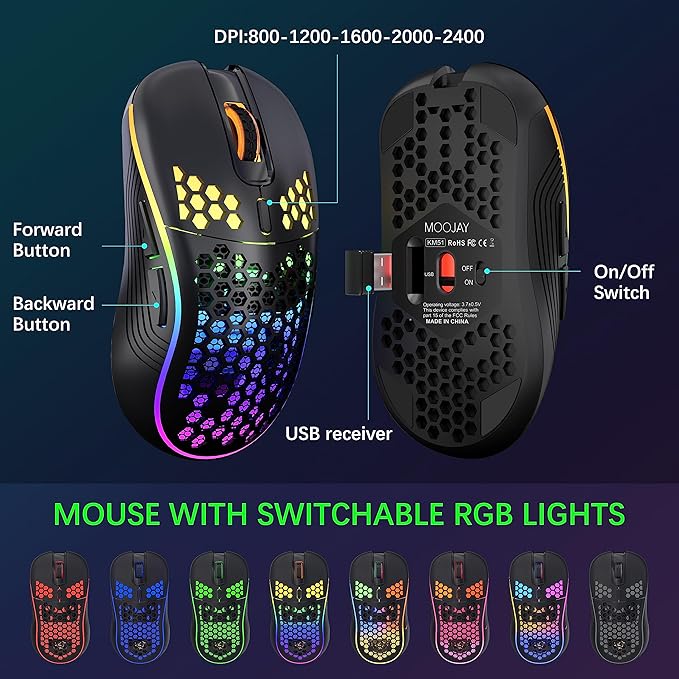 Wireless Keyboard and Mouse RGB Backlit Combo, MOOJAY Rechargeable 2.4G Light Up Cordless Gaming Keyboard with Ergonomic Wireless Wired Dual Mode Mice Set, for PC/Laptop/Windows/Mac - Black
