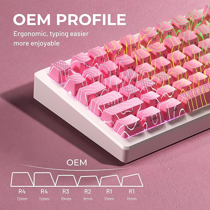 XVX Pink Topographic Keycaps with IMD Tech, Shine Through Custom Keycap 60 75 100 Percent, Lines Backlit Keycap Set, OEM Profile, Side Printed Keyboard Key caps for Keyboards(Only Keycaps)