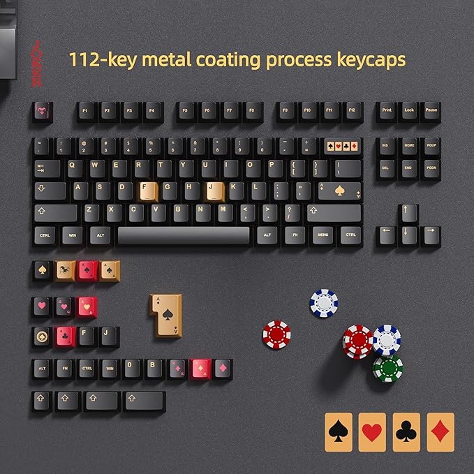 dagaladoo PBT Keycaps with Metal Paint & Poker Theme,112-Key Black/Gold/Red Custom Keycap Set dye Sublimation,Cherry Profile Key caps for 61/64/66/68/75/84/87 MX Switches Mechanical Keyboards
