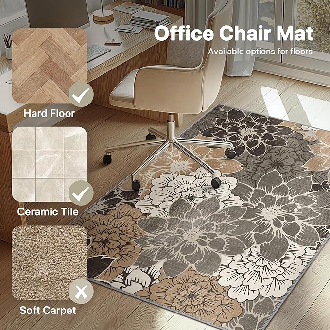 48"x60" Office Chair Mat for Hardwood Tile Floor, Under Desk Carpet Protector for Rolling Computer Chair Mat, Machine Washable Area Rug, Anti-Slip 1/5" Thick Low Pile Thin Vinyl Floor Mat, Grey Beige