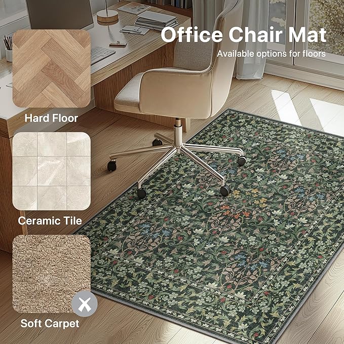 36"x48" Office Chair Mat for Hardwood Tile Floor, Under Desk Carpet Protector for Rolling Computer Chair Mat, Machine Washable Area Rug, Anti-Slip 1/5" Thick Low Pile Thin Vinyl Floor Mat, Moss Green
