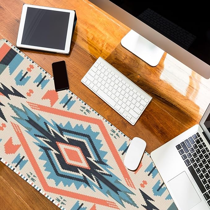 Western Rug Mouse Pads Vintage Southwest Desk Mats for Computers, Retro XL Large Aztec Desk Accessories Office Decor Blue Orange Gaming Full Desks Computer Mat for Women Men 31.5x11.8