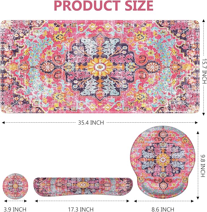 iLeadon Mouse Pad Set, Boho Desk Mat + Mouse Pad with Wrist Rest + Keyboard Wrist Rest + Coaster, 4in1 Mouse and Keyboard Pad Set for Home Office, Rug Fuchsia