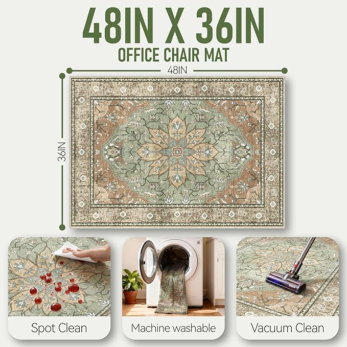 36"x48" Office Chair Mat for Hardwood, Under Desk Chair Mat for Home Office, Anti-Slip Office Rugs for Rolling Chairs, Floor Protector Washable Rugs Olive Green