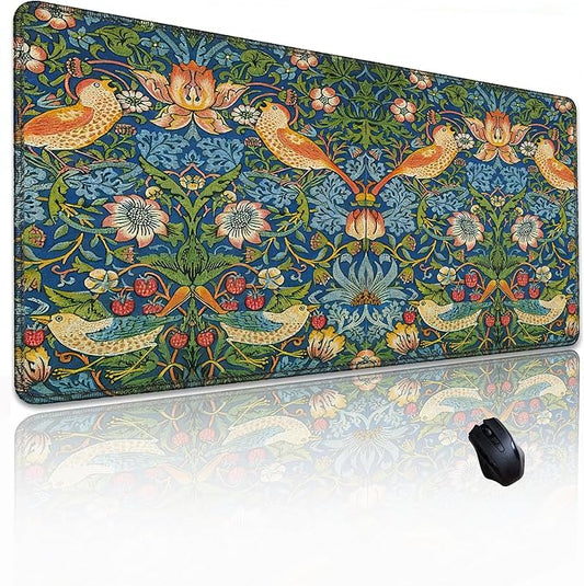 William Morris Mouse Pad, Large the Strawberry Thief Desk Mat with Famous Flower-and-Bird Art, Micro-Woven Fabric and Sewn Edge, for Office and Laptop Use, 31.5 x 11.8 Inches