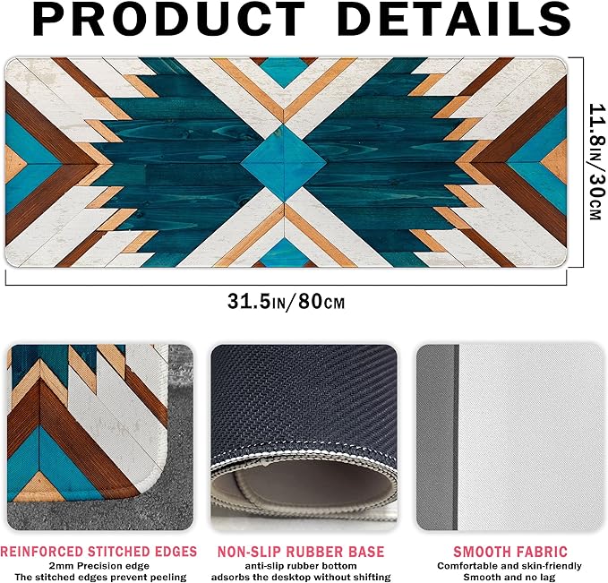 Western Mouse Pad, Western Desk Accessories, Blue Green Aztec Rug Desk Mat Retro Southwest Gaming Large Mouse Pad for Desk Vintage Computer Gifts for Cowboy Cowgirl Western Office Decor 31.5x11.8