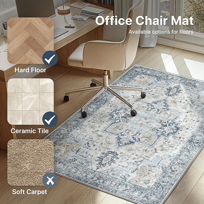 48"x48" Office Chair Mat for Hardwood Tile Floor, Under Desk Carpet Protector for Rolling Computer Chair Mat, Machine Washable Round Area Rug, Anti-Slip 1/5" Thick Low Pile Thin Floor Mat, Blue