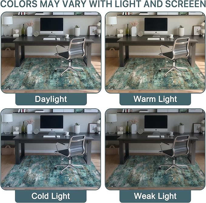36"x48" Office Chair Mat for Hardwood Tile Floor, Under Desk Carpet Protector for Rolling Computer Chair Mat, Machine Washable Area Rug, Anti-Slip 1/5" Thick Low Pile Thin Vinyl Floor Mat, Teal Blue