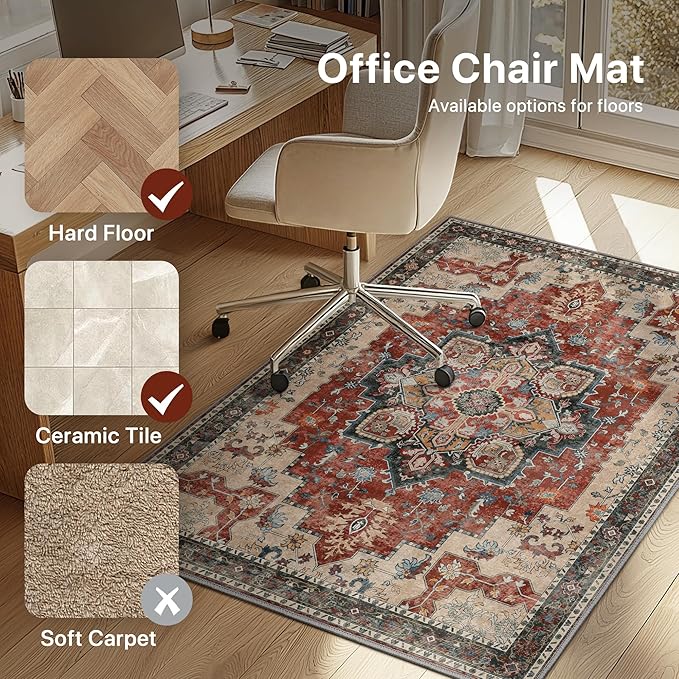 48"x60" Office Chair Mat for Hardwood Tile Floor, Under Desk Carpet Protector for Rolling Computer Chair Mat, Machine Washable Area Rug, Anti-Slip 1/5" Thick Low Pile Thin Vinyl Floor Mat, Annatto