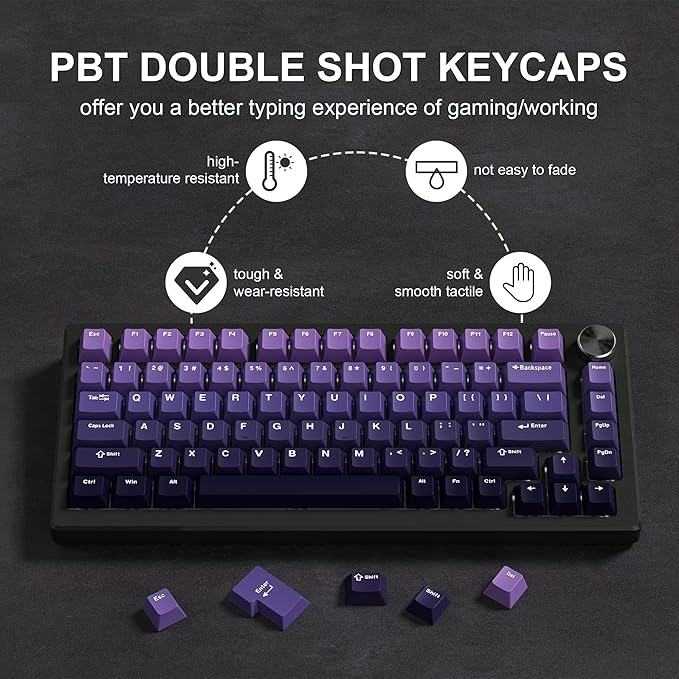 dagaladoo Double Shot PBT keycaps,Gradient Purple caps 75 Percent, 138-keys Cherry Profile Custom keycaps Set for 100% 75% 65% 60% TKL US Layout Mechanical Keyboard（only keycap）
