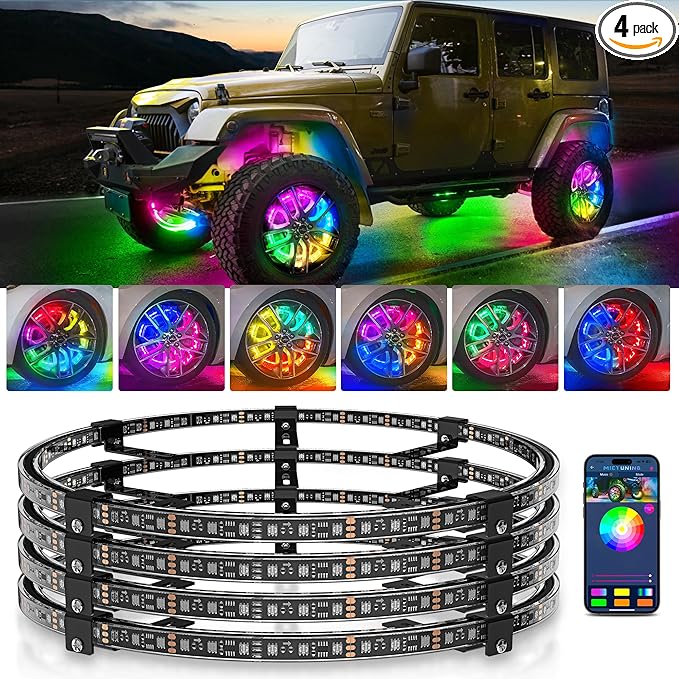 MICTUNING 17inch V1 RGB+IC Chasing Color Wheel Ring Lights Kit with APP Control, Double-Row Dream Color Chasing Flow Neon Wheel Rim Lights with Turn Signal and Braking for Pickup Truck Car SUV