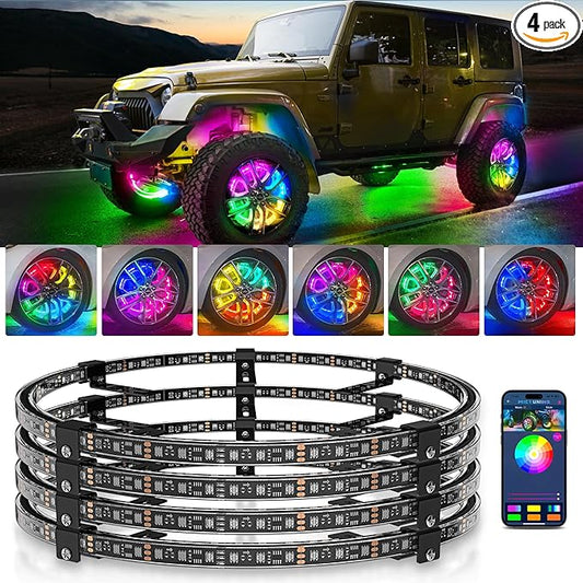 MICTUNING 17inch V1 RGB+IC Chasing Color Wheel Ring Lights Kit with APP Control, Double-Row Dream Color Chasing Flow Neon Wheel Rim Lights with Turn Signal and Braking for Pickup Truck Car SUV