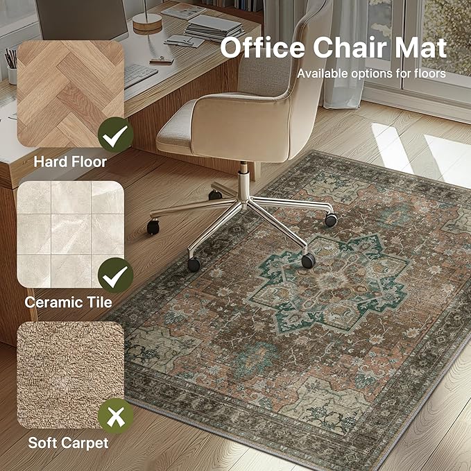 48"x60" Office Chair Mat for Hardwood Tile Floor, Under Desk Carpet Protector for Rolling Computer Chair Mat, Machine Washable Area Rug, Anti-Slip 1/5" Thick Low Pile Thin Vinyl Floor Mat, Rosewood