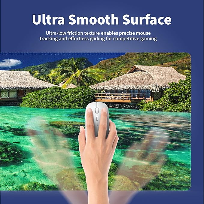 XXL Gaming Mouse Pad with Stitched Edges - Tropical Paradise Overwater Bungalows with Clear Coral Reefs Summer Vacation, Smooth Surface Anti-Slip Base Large Desk Mat for Mice & Keyboard