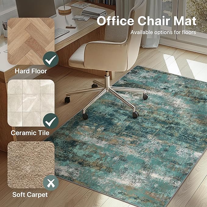 48"x60" Office Chair Mat for Hardwood Tile Floor, Under Desk Carpet Protector for Rolling Computer Chair Mat, Machine Washable Area Rug, Anti-Slip 1/5" Thick Low Pile Thin Vinyl Floor Mat, Teal Blue