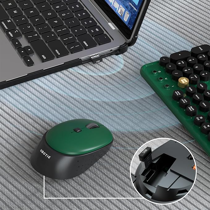 Colorful Wireless Computer Keyboards Mouse Combos, UBOTIE Polychrome Round Keycaps Retro PC Keyboards 2.4GHz Radio Frequency Connection with Optical Mouse Power Switch (Green-Black)