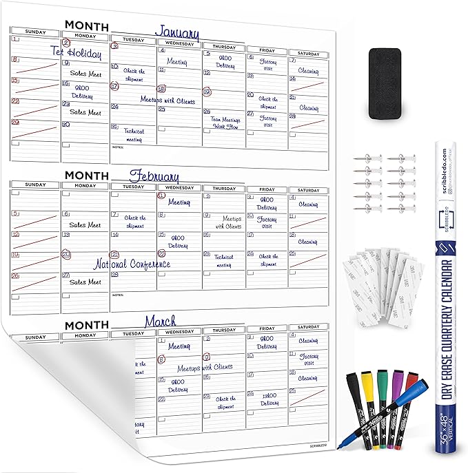 Large 36"x48" Quarterly White Board Calendar Dry Erase Calendar for Wall 3 Month Big Dry Erase Wall Calendar Monthly Dry Erase Board Planner Includes 6 Markers Eraser Push Pins & Mounting Tape