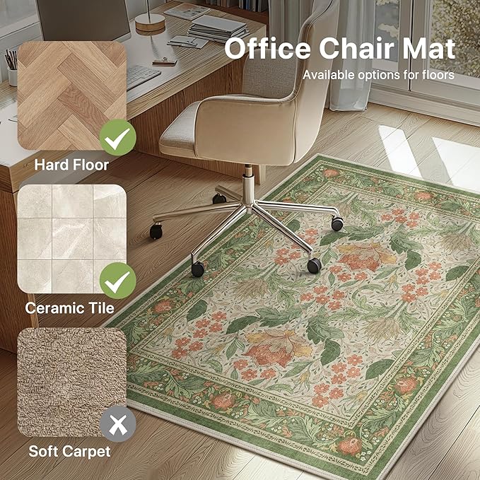 48"x60" Office Chair Mat for Hardwood Tile Floor, Under Desk Carpet Protector for Rolling Computer Chair Mat, Machine Washable Area Rug, Anti-Slip 1/5" Thick Low Pile Thin Vinyl Floor Mat, Sage Green