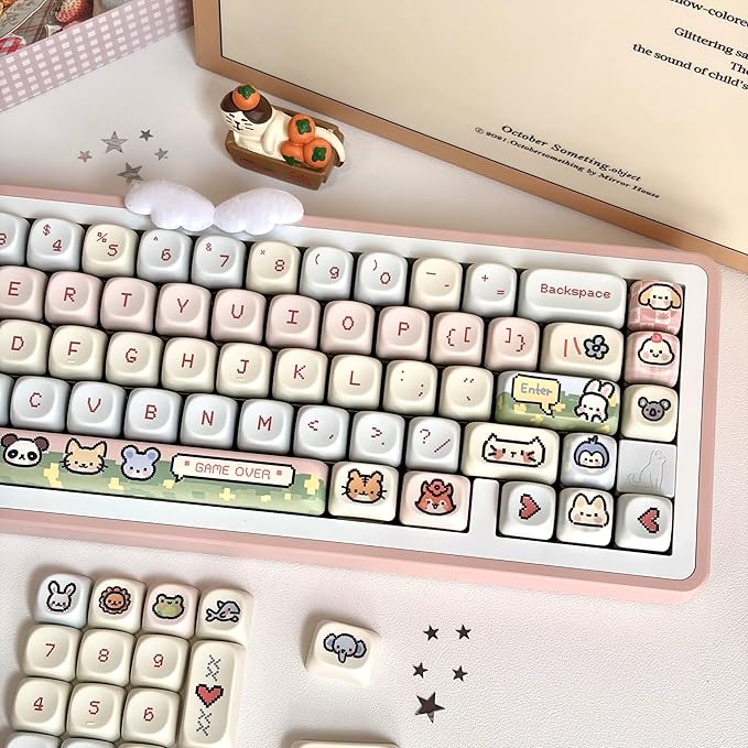 COOMICKE 114 Keys Pink Keycaps - Dye-Sublimation PBT Custom Keycap Set for MOA Profile, Cute Anime Customized Pattern Keycaps for MX Switches Mechanical Gaming Keyboard