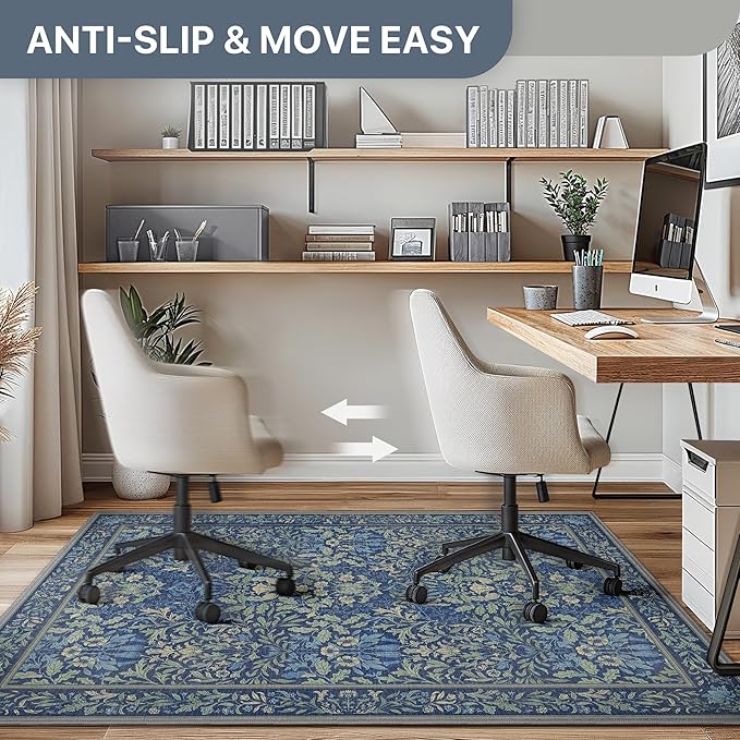 48"x60" Office Chair Mat for Hardwood Tile Floor, Under Desk Carpet Protector for Rolling Computer Chair Mat, Machine Washable Area Rug, Anti-Slip 1/5" Thick Low Pile Thin Vinyl Floor Mat, Dark Blue