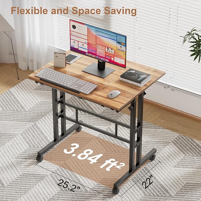 VECELO Mobile Small Standing Desk Adjustable Height, Computer Workstations with Tiltable Tabletop, Lockable Wheels, Portable Rolling Laptop Desk for Home Office, Brown