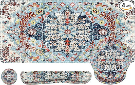 iLeadon Ergonomic Mouse Pad Set, Boho Desk Mat + Mouse Pad with Wrist Rest + Keyboard Wrist Rest + Coaster, 4in1 Mouse and Keyboard Pad Set for Home Office, Boho Rug Blue