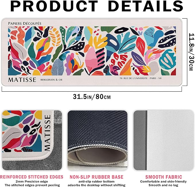 Abstract Floral Aesthetic Large Mouse Pad Matisse Boho Desk Mats, Pink Long Laptop Keyboard Mat Cute Gaming Desktop Mats for Desk, Flroal Desk Decor for Women Office 31.5x11.8