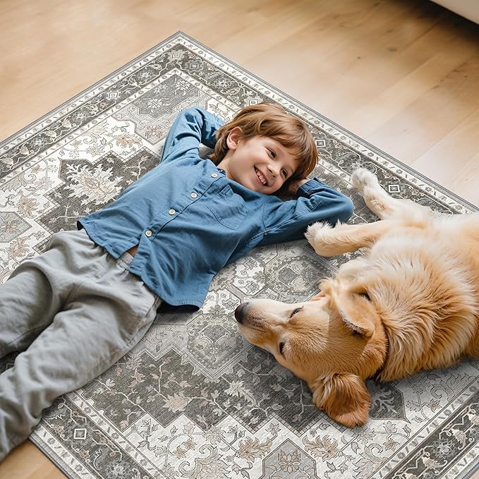 48"x60" Office Chair Mat for Hardwood Tile Floor, Under Desk Carpet Protector for Rolling Computer Chair Mat, Machine Washable Area Rug, Anti-Slip 1/5" Thick Low Pile Thin Vinyl Floor Mat, Tawny Grey