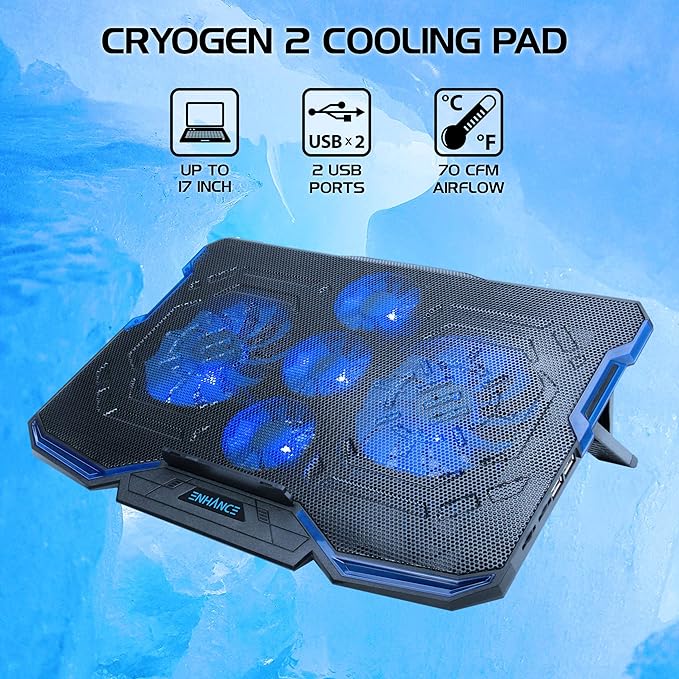 Enhance Cryogen Gaming Laptop Cooling Pad - Fits up to 17 inch Computer - Adjustable Laptop Cooling Stand with 5 Ultra Quiet Cooler Fans, 2 USB Ports and LED Lighting - Slim Portable Design 2500 RPM