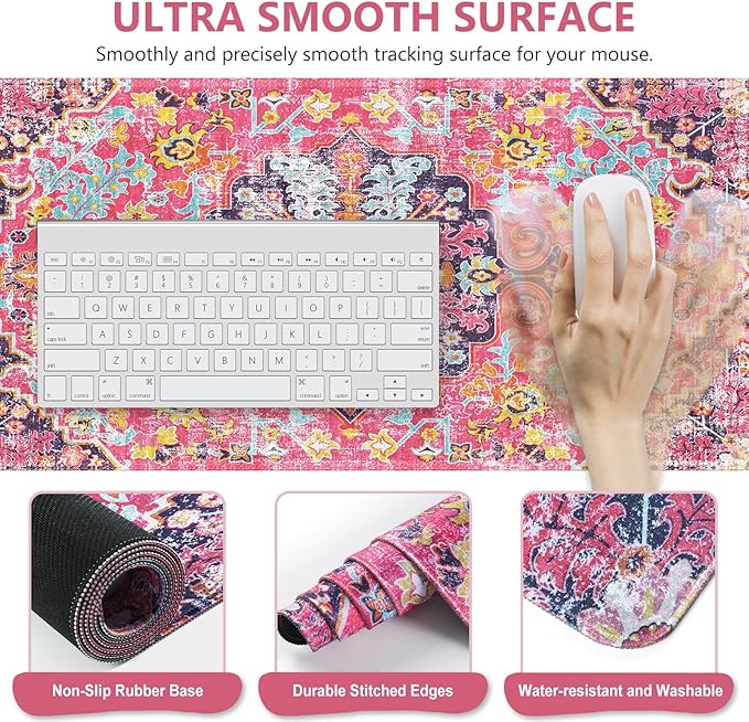 iLeadon Mouse Pad Set, Boho Desk Mat + Mouse Pad with Wrist Rest + Keyboard Wrist Rest + Coaster, 4in1 Mouse and Keyboard Pad Set for Home Office, Rug Fuchsia