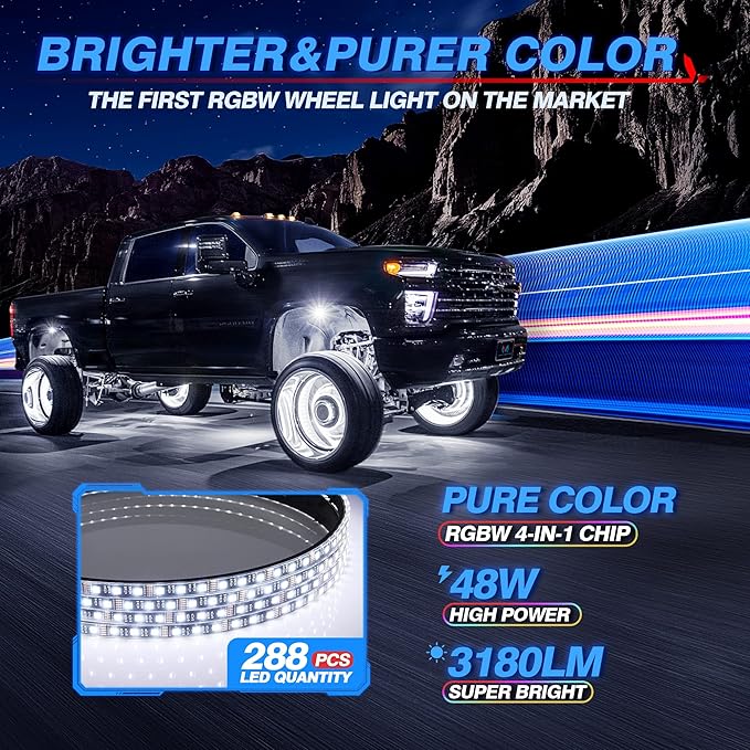 MICTUNING 15.5" V1 RGBW LED Wheel Lights Kit with APP Control & Music Sync Turn Signal, Brake Function, Pure Colors Neon Wheel Rim Lights for Trucks, SUVs, Cars (4PCS, Single Row)