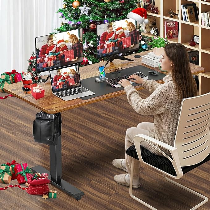 farexon Electric Standing Desk Adjustable Height, 55 x 24 Inch Sit Stand up Desk with Large Mouse Pad, 2 Metal Hook,4 Wheels,4 Memory Preset Heights Home Office Computer Desk（Brown）