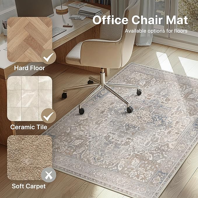 48"x60" Office Chair Mat for Hardwood Tile Floor, Under Desk Carpet Protector for Rolling Computer Chair Mat, Machine Washable Area Rug, Anti-Slip 1/5" Thick Low Pile Thin Vinyl Floor Mat, Khaki Blue