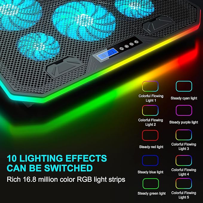 TopMate C12 Laptop Cooling Pad RGB Gaming Notebook Cooler for Desk and Lap Use, Laptop Fan Stand 8 Adjustable Heights with 6 Quiet Fans and Phone Holder, for 15.6-17.3 Inch Laptops-Ice Blue LED Light