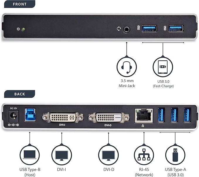 StarTech.com Dual Monitor USB 3.0 Docking Station w/ DVI to VGA & HDMI Adapters, 5x USB 3.0 & Audio - Vertical DVI Dock for Mac & Windows (USB3SDOCKDD)