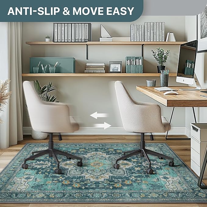 48"x60" Office Chair Mat for Hardwood Tile Floor, Under Desk Carpet Protector for Rolling Computer Chair Mat, Machine Washable Area Rug, Anti-Slip 1/5" Thick Low Pile Thin Vinyl Floor Mat, Turquoise