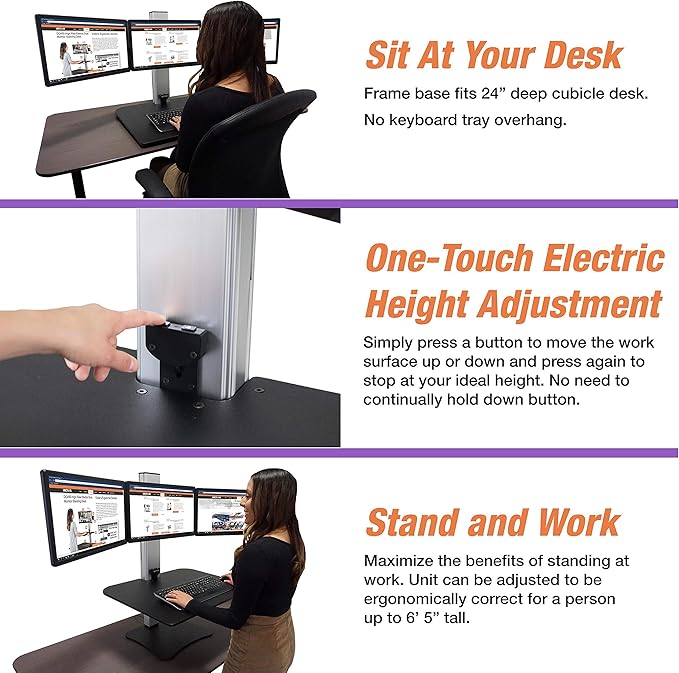 Victor DC475 High Rise Electric Triple Monitor Standing Desk Converter | Three Large Monitor Sit-Stand Desk | 28” Wide Work Surface | Compatible with Any Standard Desk | Adjustable Monitor Holder