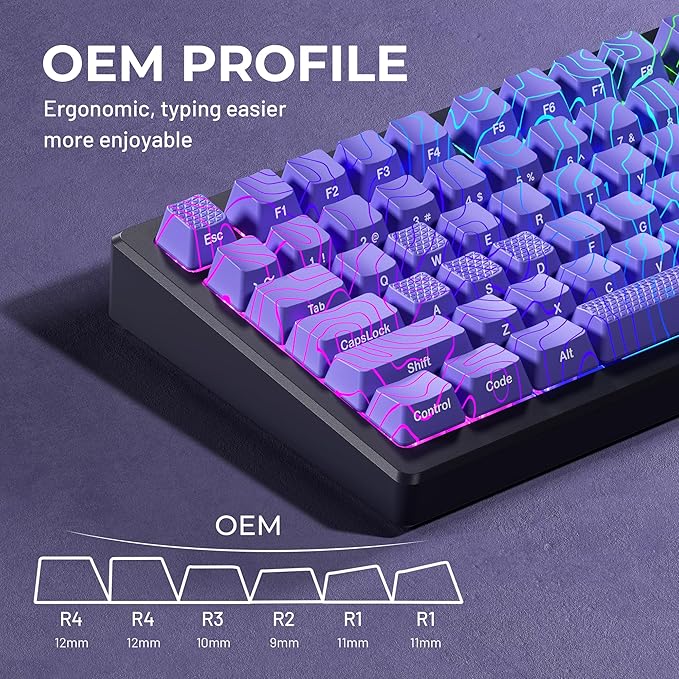 HITIME XVX Shine Through Keycaps w/IMD Tech, Custom Topographic Keycaps 60 75 100 Percent, Purple Key Cap Set 118 Keys Lines Backlit, OEM Profile Side Printed for Keyboards