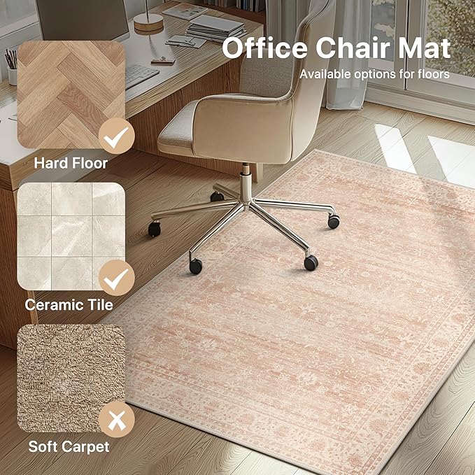 36"x48" Office Chair Mat for Hardwood Tile Floor, Under Desk Carpet Protector for Rolling Computer Chair Mat, Machine Washable Area Rug, Anti-Slip 1/5" Thick Low Pile Thin Vinyl Floor Mat, Dusty Pink